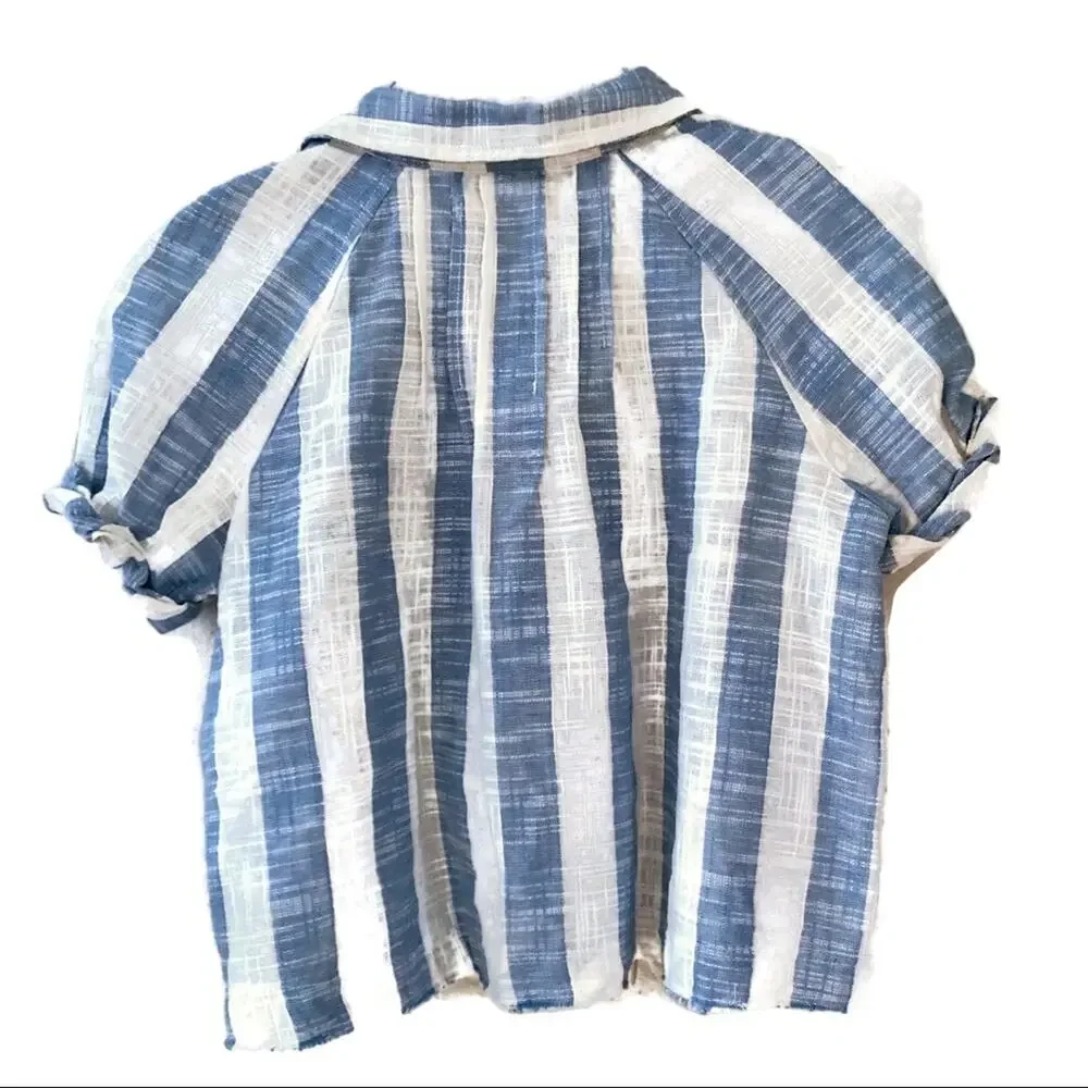 Free People Blue and White Striped Short-Sleeve Button Shirt - Picture 7 of 12